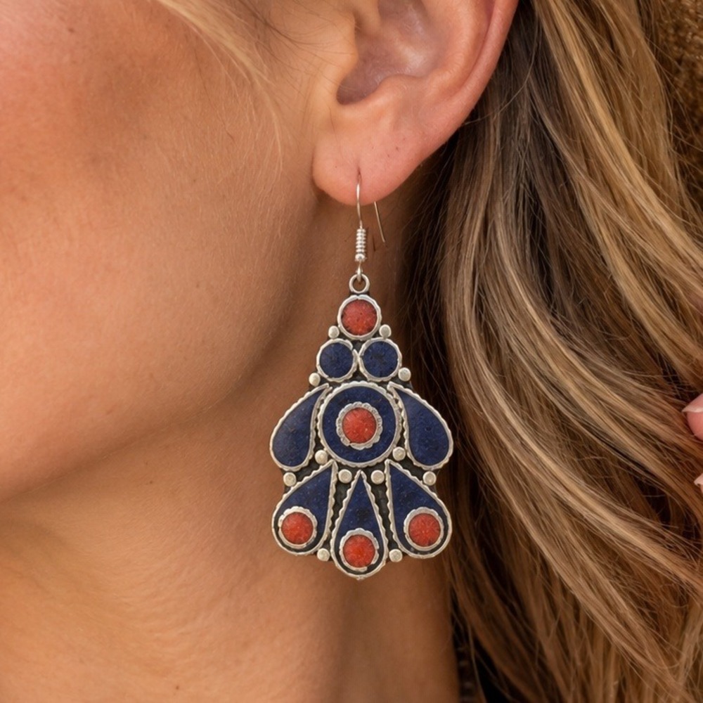 Lapis Lazuli Coral Gemstone Drop Dangle Tibetan Earrings 2.4"Boho Artisan Tribal